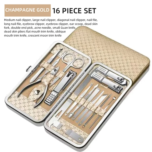 Professional Manicure Kit - 16pc Stainless Steel Set With Folding Case