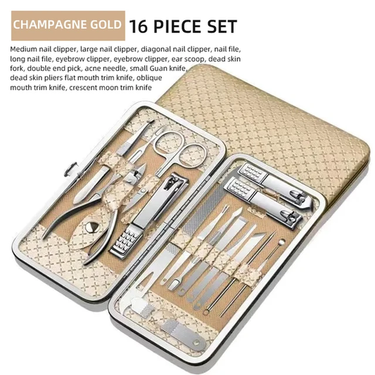 Professional Manicure Kit - 16pc Stainless Steel Set With Folding Case